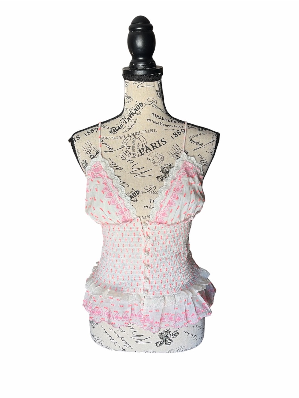 Free People Love Letter Tank Size Medium Pink Heart Embroidered Smocked NWT